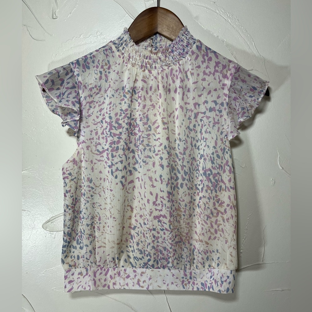 Express Abstract Petal Print Mock Neck Flutter Sleeve Top SZ XS